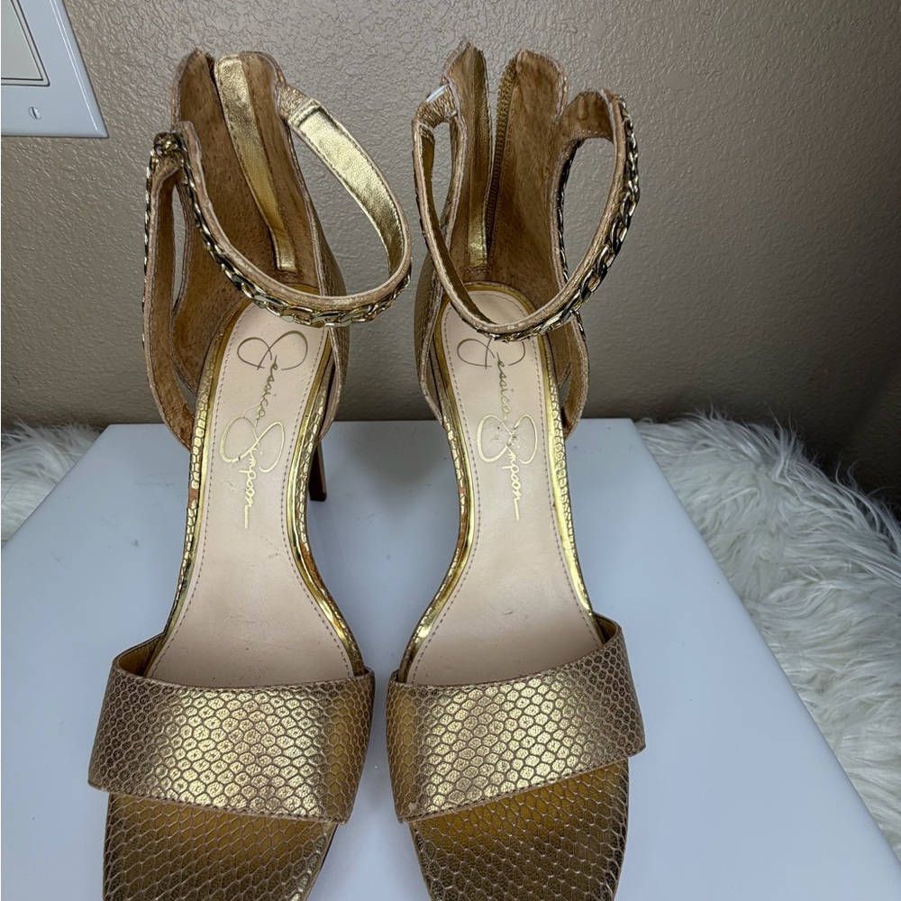 Jessica Simpson Metallic Gold Snake-Embossed Ankle Strap Heels